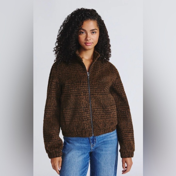 Time and Tru Jackets & Blazers - Time and Tru Faux Wool Bomber Jacket M Medium NWT Brown Houndstooth Plaid Zip Up
